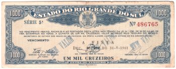 1196 - 1000 cruzeiros - Letra do Thesouro do Rio Grande do Sul - 5a.série - A.158 - MBC